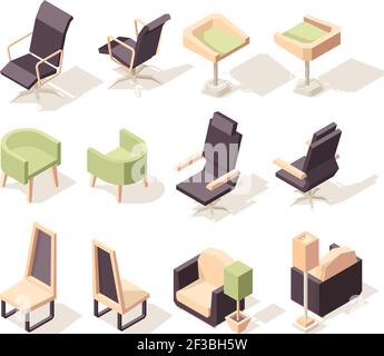 Chaises de bureau. Mobilier moderne chaises et fauteuils vecteur basse poly isométriques 3d images Illustration de Vecteur
