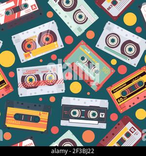 Modèle de cassette audio. Stéréo mixtape enregistrer des éléments de musique funky style rétro style vectoriel sans couture fond d'écran de danse des années 90 Illustration de Vecteur