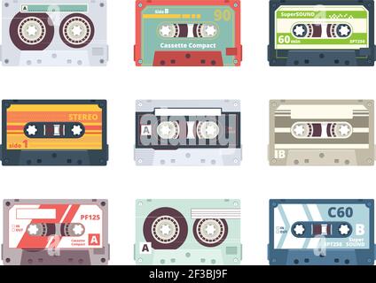 Cassettes audio. Retro 90 enregistrer stéréo cassette lecteur de plastique cassettes audio hifi Vector coloré plat collection Illustration de Vecteur