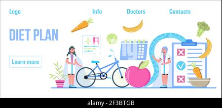 Vecteur de concept de plan de régime. Alimentation régime, gestion du poids, planification alimentaire individuelle. Fruits biologiques, vélo, activité sportive pour le programme de perte de poids Illustration de Vecteur