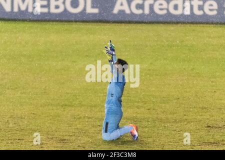 15 mars 2021, Moron, province de Buenos Aires, Argentine: SPORTS.- 15 mars 2021. Moron, province de Buenos Aires, Argentine.- le gardien de but de Ferroviaria (Brésil) célèbre le score du premier but contre River plate (ARG) au dernier quart de la femelle de soccer CONMEBOL Copa Libertadores, au stade Deportivo Moron à Moron, province de Buenos Aires, Argentine, le lundi 15 mars, 2021. (Credit image: © Julieta Ferrario/ZUMA Wire) Banque D'Images