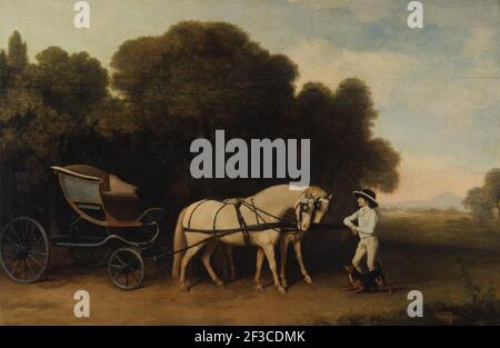 Phaeton avec une paire de poneys à la crème et un lad stable; Phaeton avec une paire de poneys à la crème et un lad tigre; Charles II et Nell Gwynn à Newmarket Heath; Phaeton avec 2 poneys à la crème et un lad stable; deux poneys gris dessin d'une charriole avec un garçon stable et un chien, entre 1780 et 1784. Banque D'Images