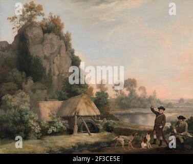 Deux hommes allant un tir, avec une vue de Creswell Crags, pris sur place, ca. 1767. Banque D'Images