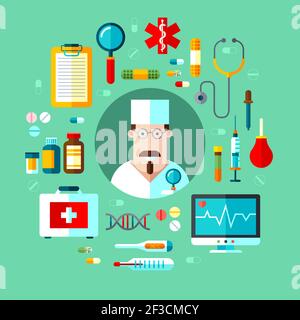 Ensemble vectoriel d'icônes équipement médical pilules et médecin Illustration de Vecteur