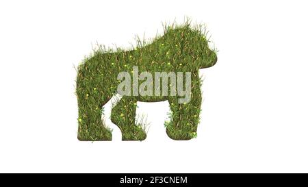 champ d'herbe 3d rendu avec des fleurs colorées en forme de symbole du singe gorille avec terre isolée sur blanc arrière-plan Banque D'Images