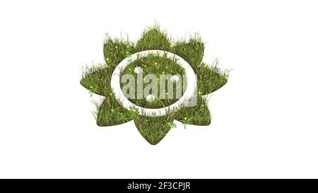 champ d'herbe 3d rendu avec des fleurs colorées en forme de symbole de fleur de tournesol avec pétales avec le sol isolé arrière-plan blanc Banque D'Images