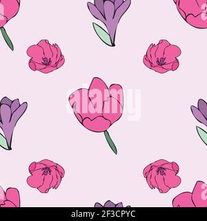Fond rose vectoriel blanc rose violet couleur tulipes, motif floral sans couture. Arrière-plan sans couture Illustration de Vecteur