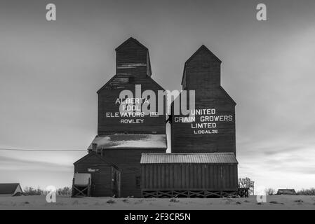 Rowley (Alberta) - le 31 janvier 2021 : ancien élévateur de grain abandonné dans la ville fantôme de Rowley (Alberta). Banque D'Images