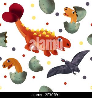 Motif sans couture avec Dinosaur drôle et Pterodactyl pour votre conception textile, fonds d'écran, tissu, affiches. Dinosaures amusants à partir d'un œuf. Illustration vectorielle. Illustration de Vecteur
