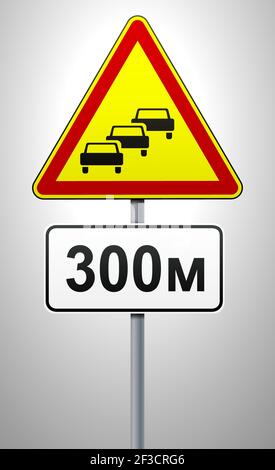 Congestion routière. Panneau d'avertissement temporaire sur un poteau métallique avec une plaque indiquant la distance jusqu'au début de l'obstacle. Règles de circulation et Illustration de Vecteur