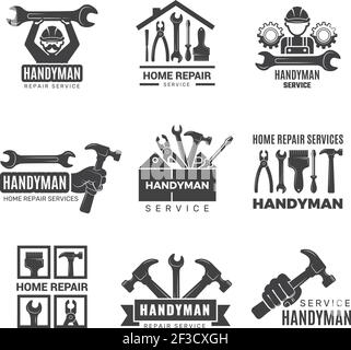 Logo de handyman. Employé avec des badges d'entretien d'équipement tournevis main entrepreneur homme symboles vectoriels Illustration de Vecteur