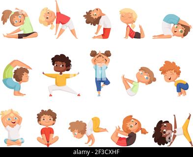 Enfants de yoga. Les enfants faisant des exercices dans différentes poses sain vecteur de sport personnages de bande dessinée Illustration de Vecteur