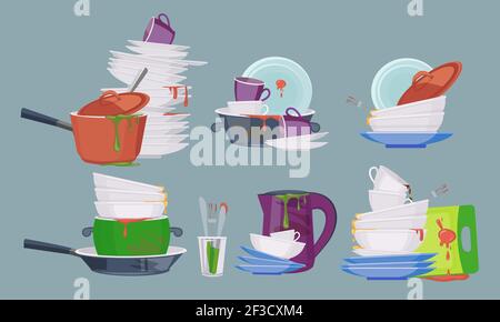 Vaisselle sale. Cuisine de restaurant articles vides pour laver et nettoyer les assiettes sales mugs collection vectorielle Illustration de Vecteur