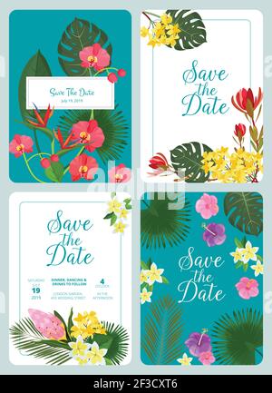 Enregistrez l'invitation du jour. Fleurs tropicales décoratives feuilles plantes cadre nature mariage vecteur cartes modèle de conception Illustration de Vecteur