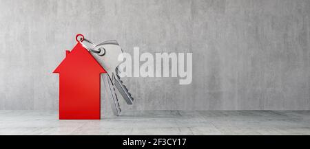 Symbole maison rouge avec touches de porte argentées en béton intérieur moderne rendu 3D, illustration 3D Banque D'Images