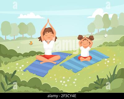 Yoga en famille. Mère et fille faisant des exercices à l'extérieur dans le parc yoga entraînement fitness compétences vecteur dessin animé fond Illustration de Vecteur