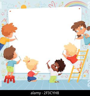 Cadre pour enfants. Personnages mignon enfants dessin de peinture et de jouer vide place pour le modèle de vecteur de texte Illustration de Vecteur