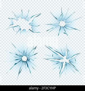 Trous de verre cassés. La destruction des fissures sashes glace vitre endommagée verre transparent vecteur brisé modèle réaliste Illustration de Vecteur