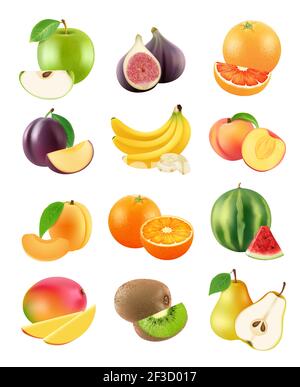 Fruits en tranches. Végétarien nourriture agriculture objets prune orange banane poire kiwi abricot pomme orange vecteur réaliste Illustration de Vecteur