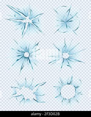 Vitre endommagée. Cassé crash fenêtre trous verres transparents destruction glace texture brisée vecteur réaliste image isolée Illustration de Vecteur