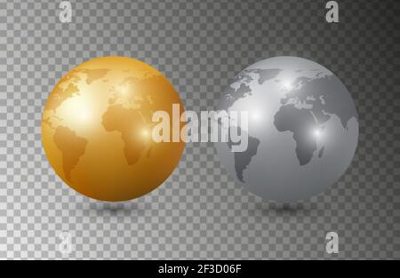 Or argent terre. Illustration vectorielle des modèles de planète Terre 3D. Planète isolée sur fond transparent Illustration de Vecteur