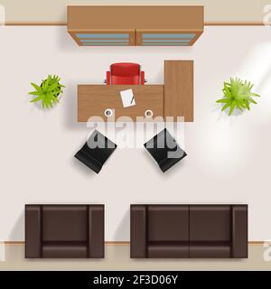 Plan de bureau. Bâtiment d'affaires moderne, chambres avec vue sur le dessus, sols et mobilier, table, bureau, chaises, fenêtre, armoire, fauteuil, canapé, vecteur réaliste Illustration de Vecteur