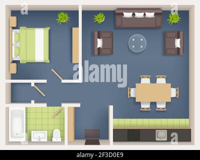 Vue de dessus du plan intérieur. Appartement réaliste salon salle de bains badroom meubles table armoire canapé chaises tables vecteur réaliste Illustration de Vecteur