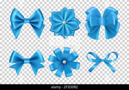 Noeuds en satin bleu. Noeud en ruban de soie vecteur avec perles isolées sur fond transparent Illustration de Vecteur