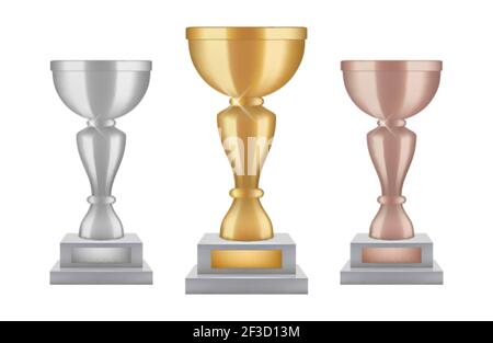 Trophée réaliste. Collection de coupes en bronze argenté doré. Les trophées vectoriels brillent isolés sur fond blanc Illustration de Vecteur