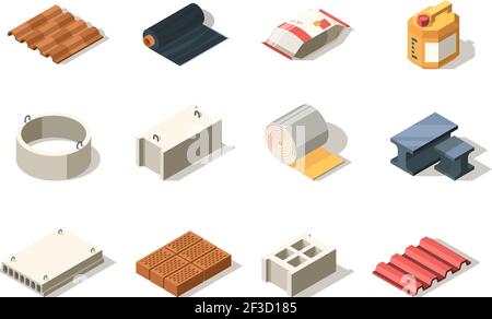 Icône Construction. Matériaux pour les constructeurs industriels briques bois pieu tubes sable bitume dalle toit vecteur isométrique Illustration de Vecteur