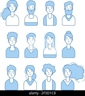 Avatars ligne bleue. Divers personnages masculins et féminins anonymes visages drôles pour la collection de vecteur de profil d'Internet Illustration de Vecteur