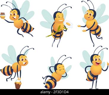 Abeille cartoon. Happy Flying insecte mascotte abeille nature miel fournit des caractères vectoriels isolés Illustration de Vecteur
