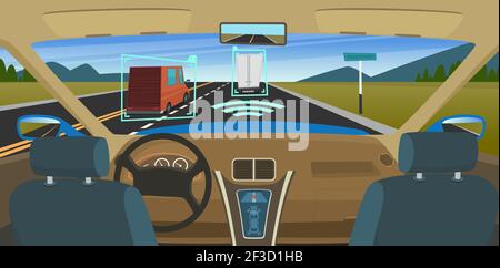 Voiture autonome. Véhicules équipés d'une nouvelle technologie d'ordinateur intelligent pour les systèmes de capteurs de sécurité de conduite concept de vecteur visuel hud Illustration de Vecteur