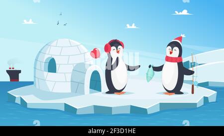 Adorables pingouins amoureux. Noël animaux d'hiver. Dessins animés des pingouins sur la glace dans l'océan avec illustration du vecteur de poisson Illustration de Vecteur