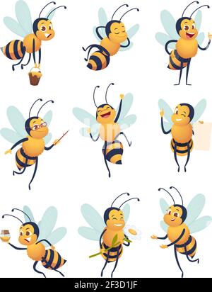 Abeille. Personnages de dessin animé volant nature insecte dans différentes poses livraison abeille vecteur mascotte Illustration de Vecteur