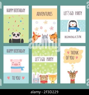Cartes animaux mignons. Modèles de conception avec bébé animaux sauvages enfants douche étiquettes affiche placards vecteur Illustration de Vecteur
