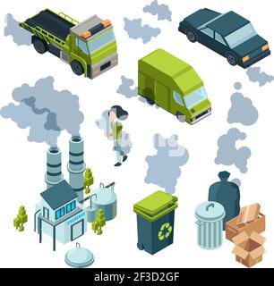 Pollution atmosphérique isométrique. Usine mauvais environnement chimique déchets urbains véhicule déchets vecteur isométrique Illustration de Vecteur