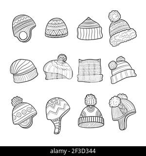 Chapeau d'hiver. Vêtements de saison froide chaud oreilles flaping vector doodle images Illustration de Vecteur