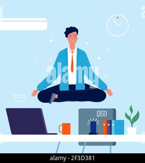 Yoga de caractère d'affaires. Le responsable assis sur une table de bureau dans lotus pose le stress au travail des images vectorielles de concept d'entreprise Illustration de Vecteur