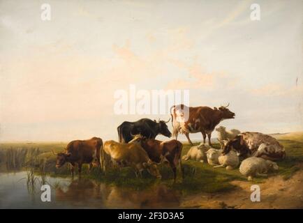 Paysage avec bovins et moutons, 1872. Banque D'Images