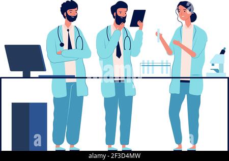 Laboratoire de médecins. Les personnages scientifiques qui se trouvent près de la table de laboratoire font des analyses médicales ou chimiques des images vectorielles de l'éducation Illustration de Vecteur