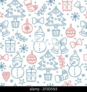 Motif de Noël. Hiver saison graphique flocons de neige vêtements cadeaux étoiles bougies arbres bonhomme de neige moufles vecteur fond sans couture Illustration de Vecteur