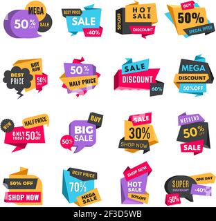 Étiquettes de remise. Annonces de produits offre spéciale badges bas prix étiquettes promotionnelles Hot sale meilleur vecteur shopping autocollants de couleur Illustration de Vecteur