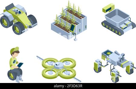 Ferme intelligente. Processus automatiques agricoles robots industriels tracteurs intelligents moissonneuses éco vecteur de serre jeu isométrique Illustration de Vecteur