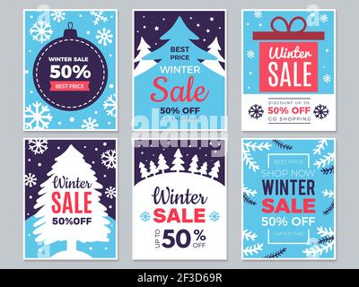 Cartes de soldes d'hiver. Bannières de promotion de Noël grandes remises et offres spéciales de saison étiquettes vectorielles Illustration de Vecteur