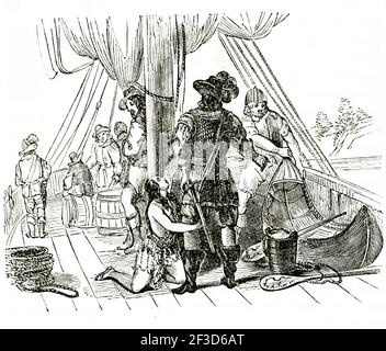 Le capitaine anglais John Smith a guidé les colons à travers les temps difficiles dans la colonie de Jamestown en 1607. La tradition, pas authentifiée, dit que Pocahontas le sauve de la mort aux mains des Amérindiens. Pocahontas a été capturé (vu ici) et détenu pour rançon par les colons pendant les hostilités en 1613. Pendant sa captivité, elle a été encouragée à se convertir au christianisme et a été baptisée sous le nom de Rebecca. Banque D'Images