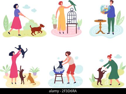 Personnes avec animaux de compagnie. Chien chats poissons oiseaux lapins amour pour animaux domestiques personnages vectoriels Illustration de Vecteur