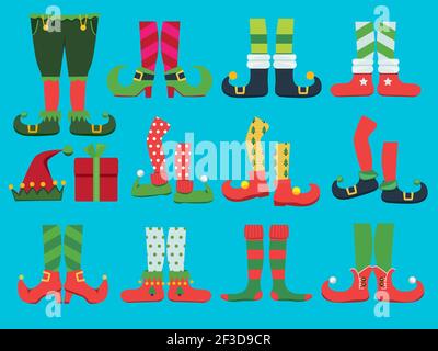 Chaussures de Noël. Collection de noël à motif vectoriel de chaussures et de jambes pour père noël Illustration de Vecteur