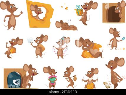 Bande dessinée de la souris. Les petites souris en action pose les animaux de laboratoire mascotte amis animaux de compagnie personnages vectoriels Illustration de Vecteur