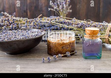 Lavender flowers natural cosmetics. Skin scrub and tincture Stock Photo